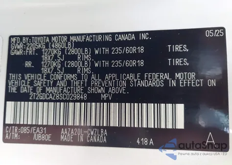 2025 Lexus Nx 250 Premium z USA, uszkodzony, nr VIN 2T2GDCAZ8SC029848